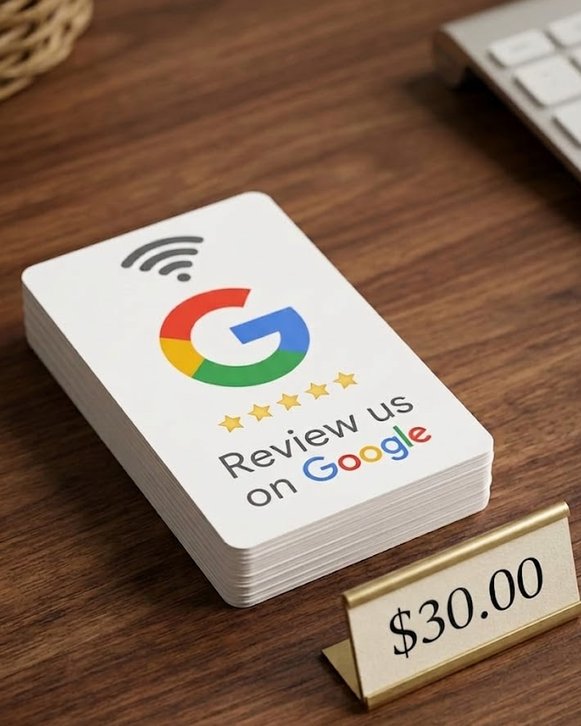 Pile de cartes NFC blanches « Review us on Google » posées sur un bureau en bois