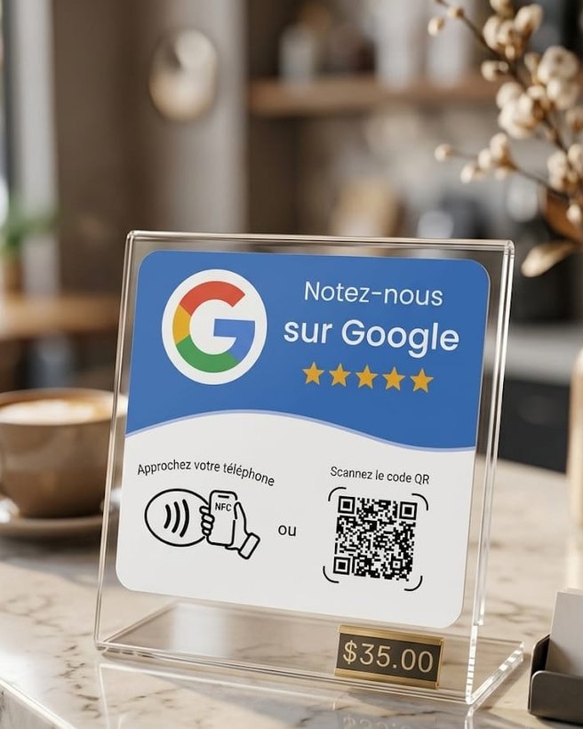Présentoir acrylique « Notez-nous sur Google » avec zone NFC et code QR, sur un comptoir de café
