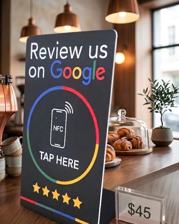 Chevalet noir « Review us on Google » avec pictogramme NFC et code QR, sur un comptoir